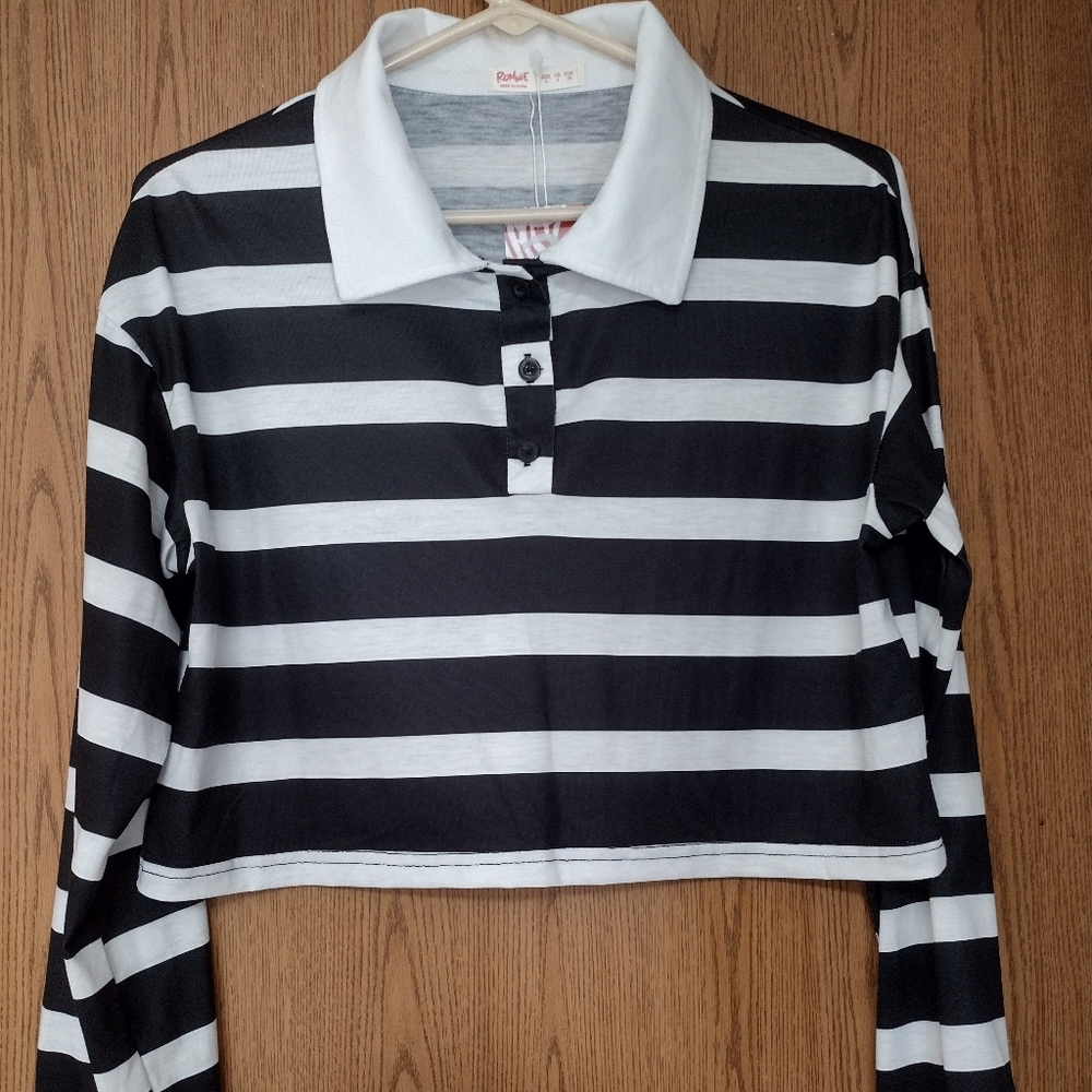 Romwe Small Blk/White Cropped Long Sleeve Oxford Top